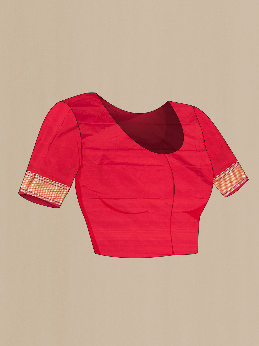 Close up image of the blouse of Red Blended Paithani Silk Saree with Zari Butta on the body and Zari Border. 