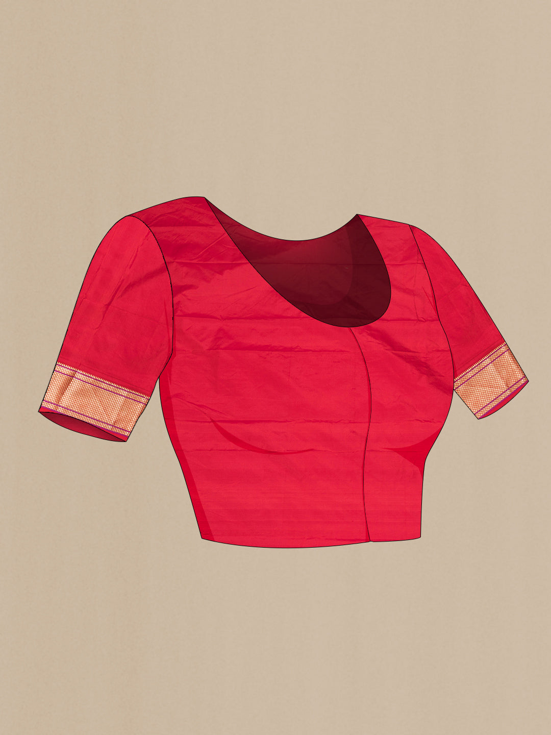 Close up image of the blouse of Red Blended Paithani Silk Saree with Zari Butta on the body and Zari Border. 