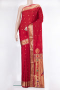Red Blended Paithani Silk Saree with Zari Butta on the body and Zari Border.  displayed on a mannequin