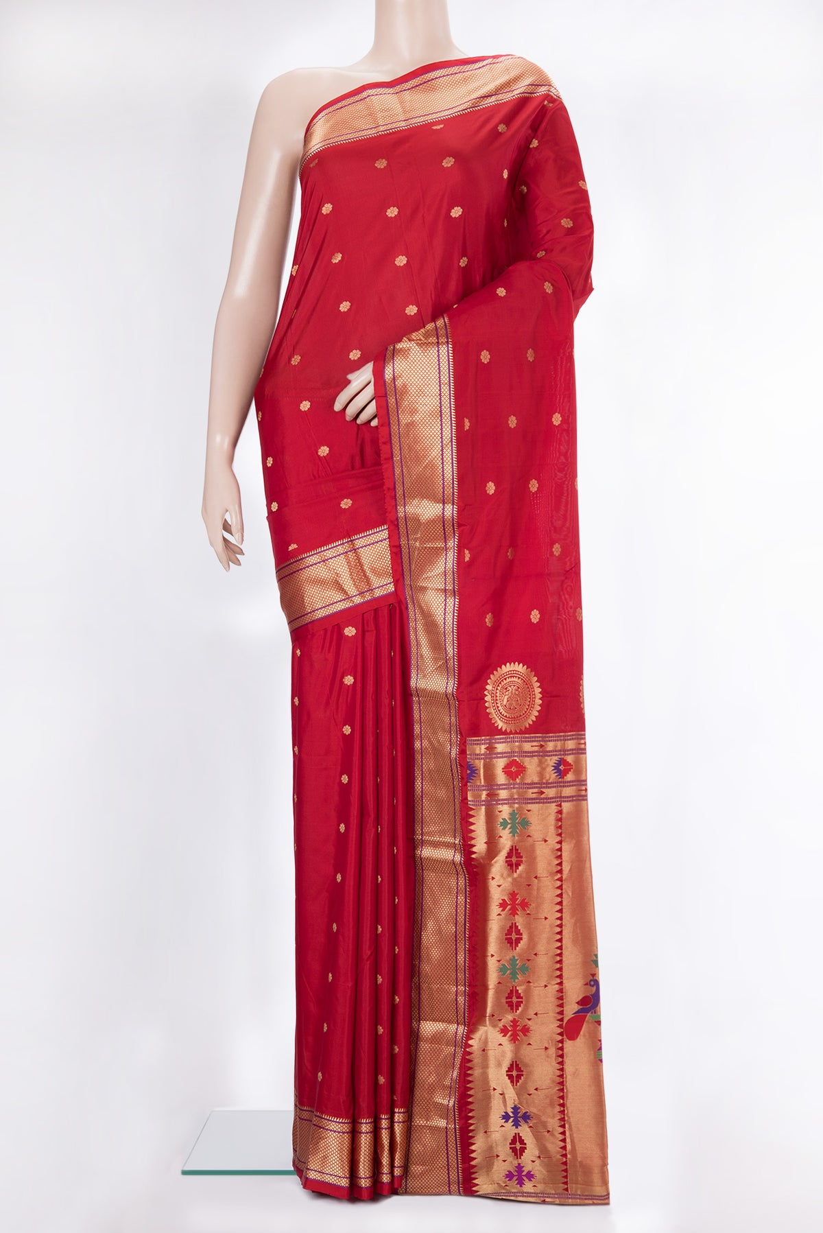 Red Blended Paithani Silk Saree with Zari Butta on the body and Zari Border.  displayed on a mannequin