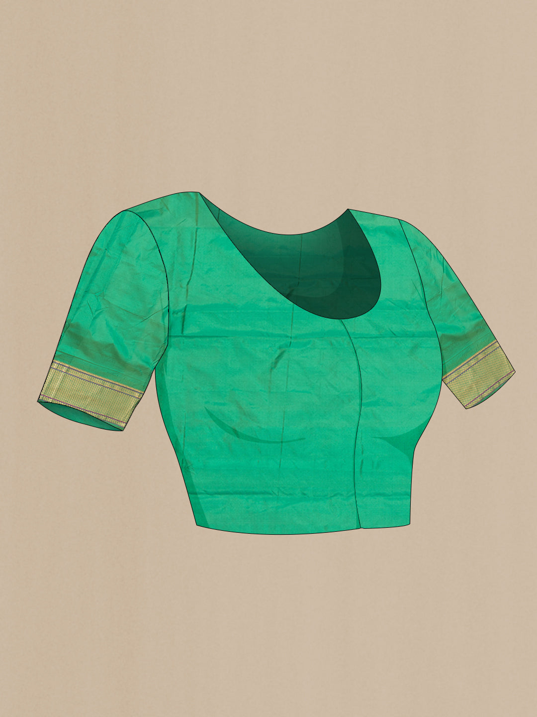Close up image of the blouse of Green Blended Paithani Silk Saree with Zari Butta on the body and Zari Border. 