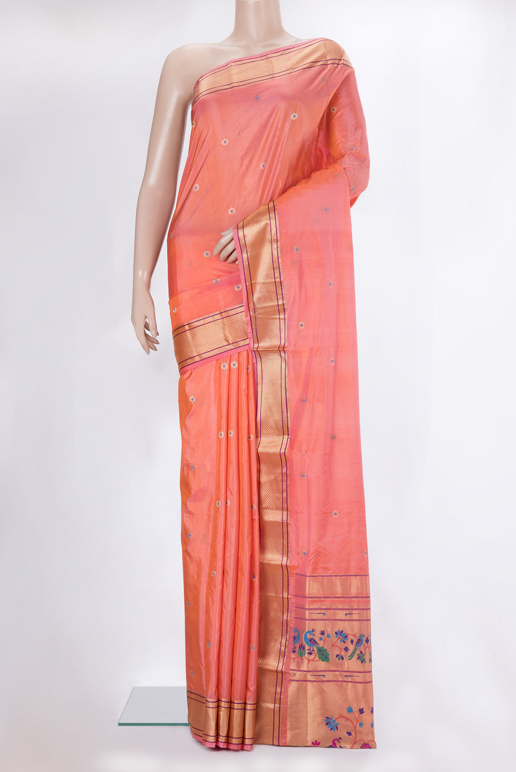 Peach Dual Tone Blended Paithani Silk Saree with Zari Butta on the body and Zari Border.  displayed on a mannequin
