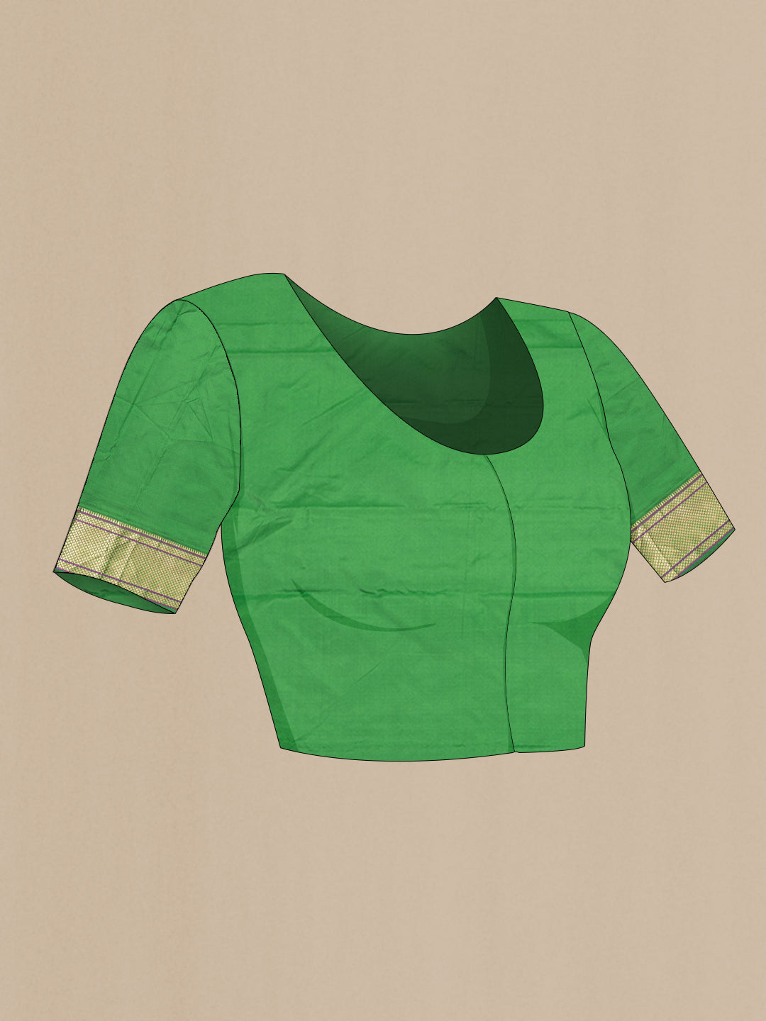 Close up image of the blouse of Green Blended Paithani Silk Saree with Zari Butta on the body and Zari Border. 