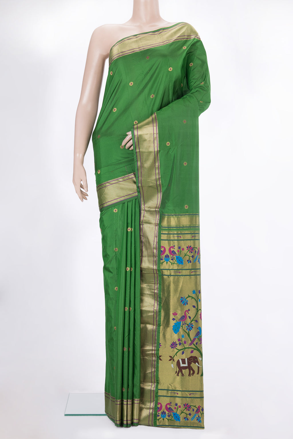 Green Blended Paithani Silk Saree with Zari Butta on the body and Zari Border.  displayed on a mannequin