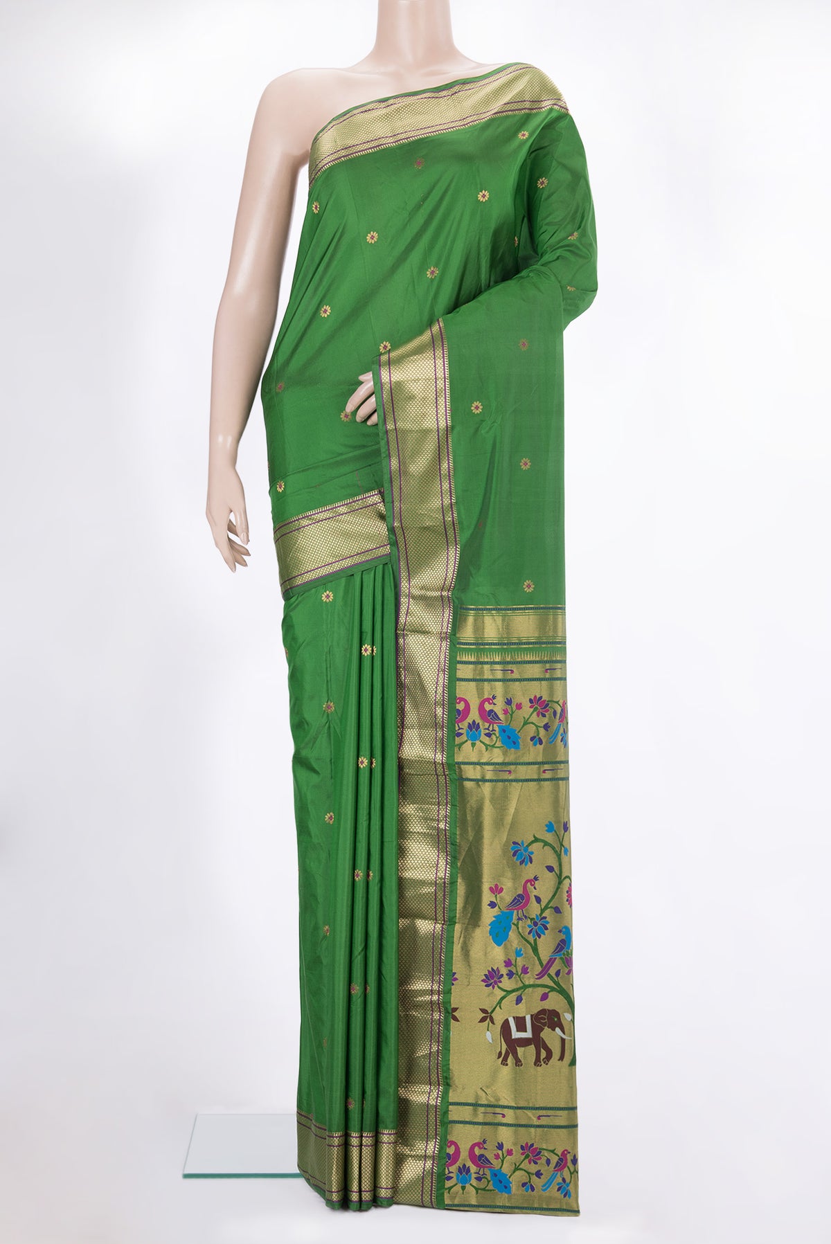 Green Blended Paithani Silk Saree with Zari Butta on the body and Zari Border.  displayed on a mannequin