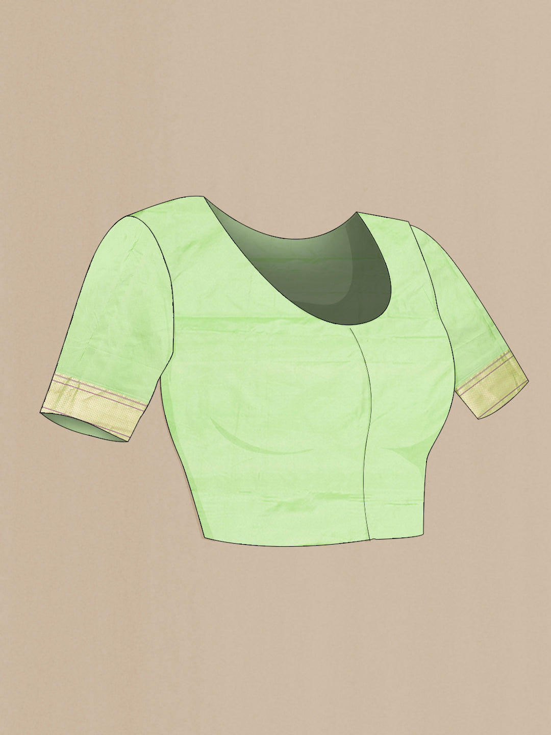Close up image of the blouse of Pista Green Blended Paithani Silk Saree with Zari Butta on the body and Zari Border. 