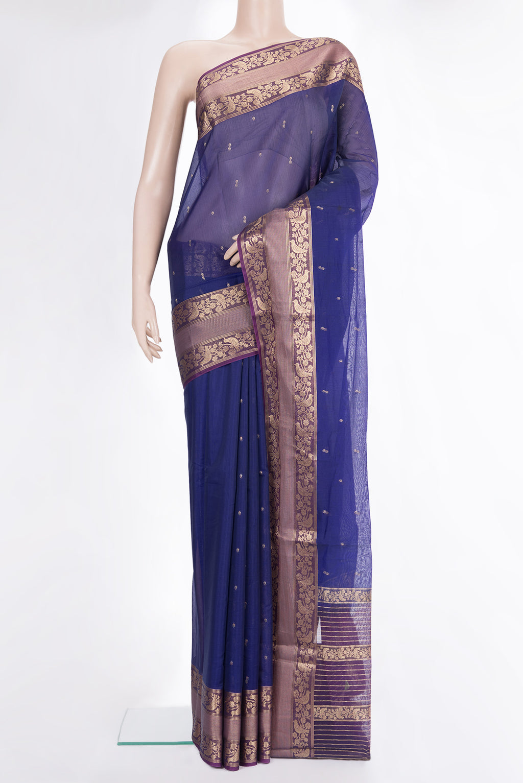 Royal Blue Silk Cotton Saree with Zari Butta on the body and Zari Border.  displayed on a mannequin