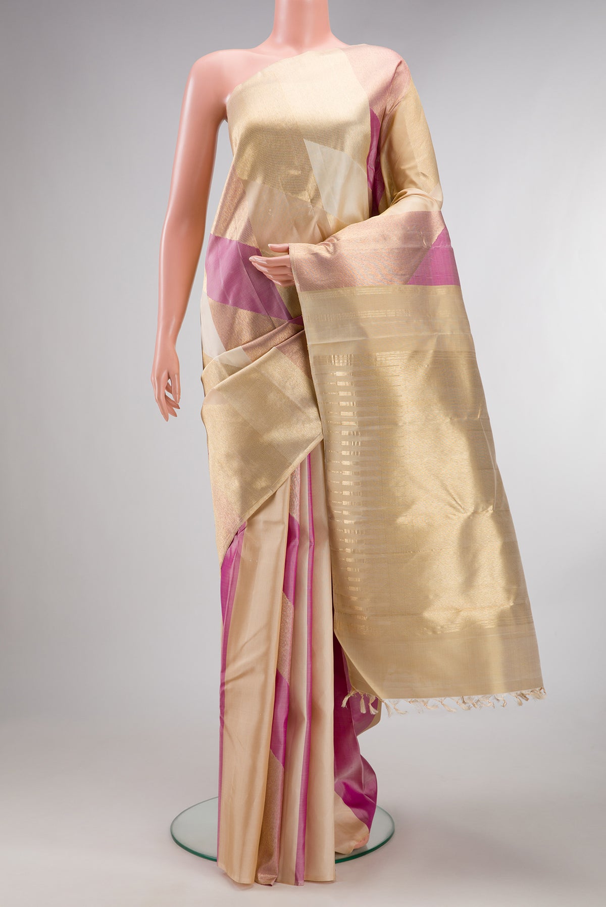 Pure Silk Sandal and Pink Color Kanchipuram Saree with Zari Brocade on the body and Without Border.  displayed on a mannequin