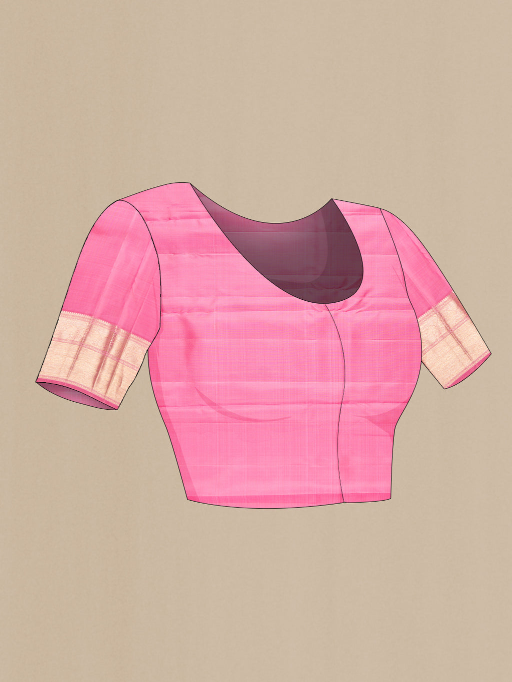 Close up image of the blouse of Pure Silk Pink Kanchipuram Saree with Zari Brocade on the body and Zari Border. 