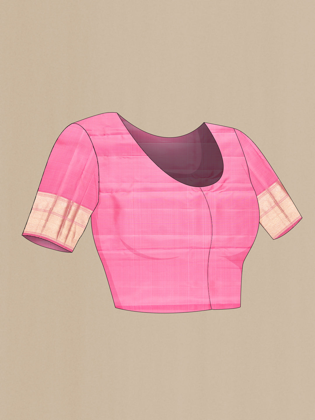 Close up image of the blouse of Pure Silk Pink Kanchipuram Saree with Zari Brocade on the body and Zari Border. 