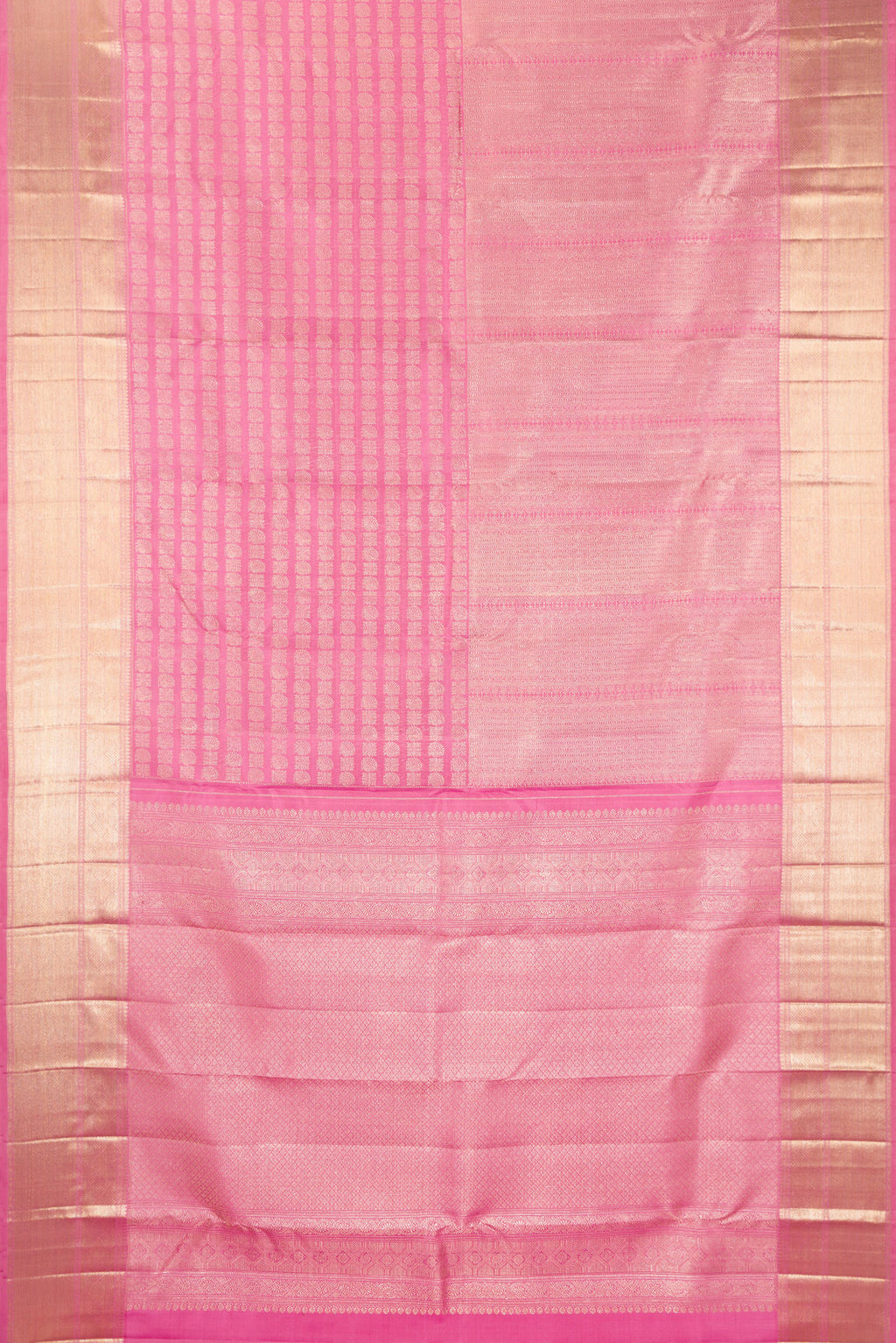 Flat view of Pure Silk Pink Kanchipuram Saree with Zari Brocade on the body and Zari Border. 