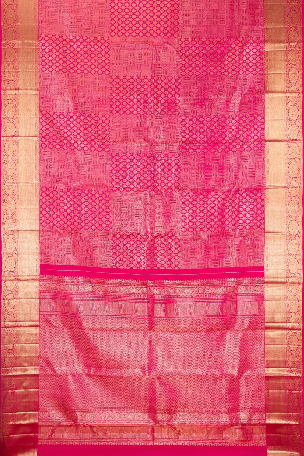Flat view of Pure Silk Pink Kanchipuram Saree with Zari Brocade on the body and Fancy Border. 