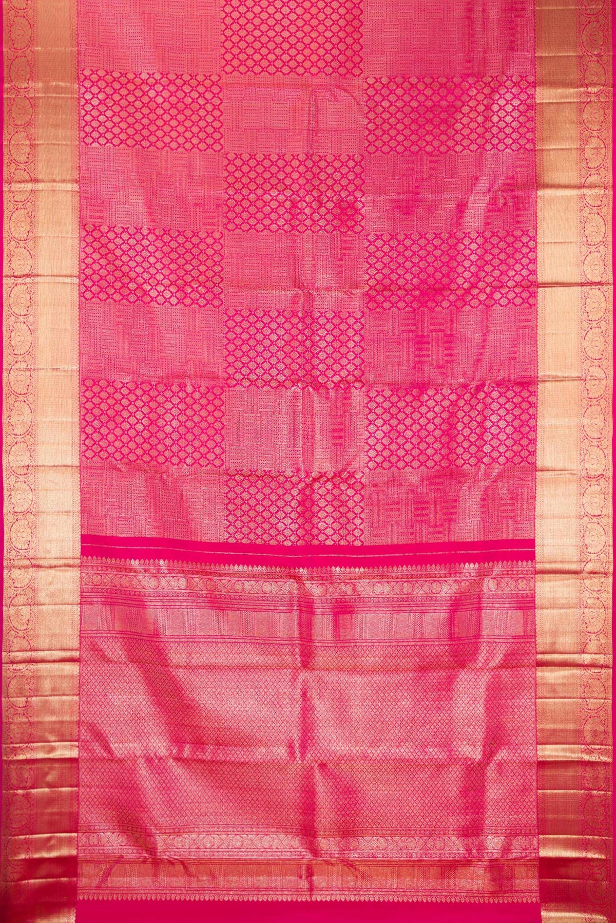 Flat view of Pure Silk Pink Kanchipuram Saree with Zari Brocade on the body and Fancy Border. 