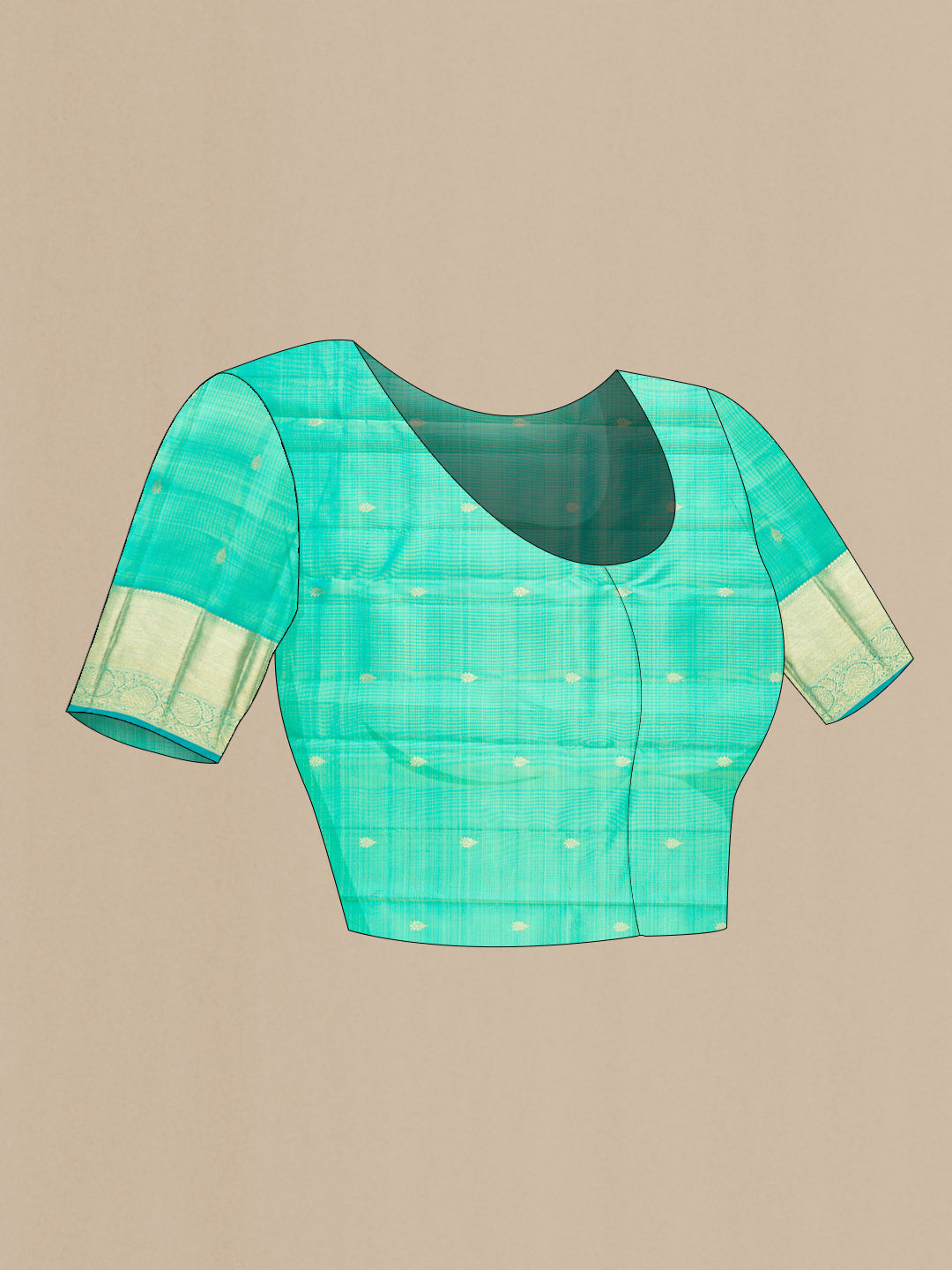 Close up image of the blouse of Pure Silk Sea Green Kanchipuram Saree with Zari Brocade on the body and Zari Border. 