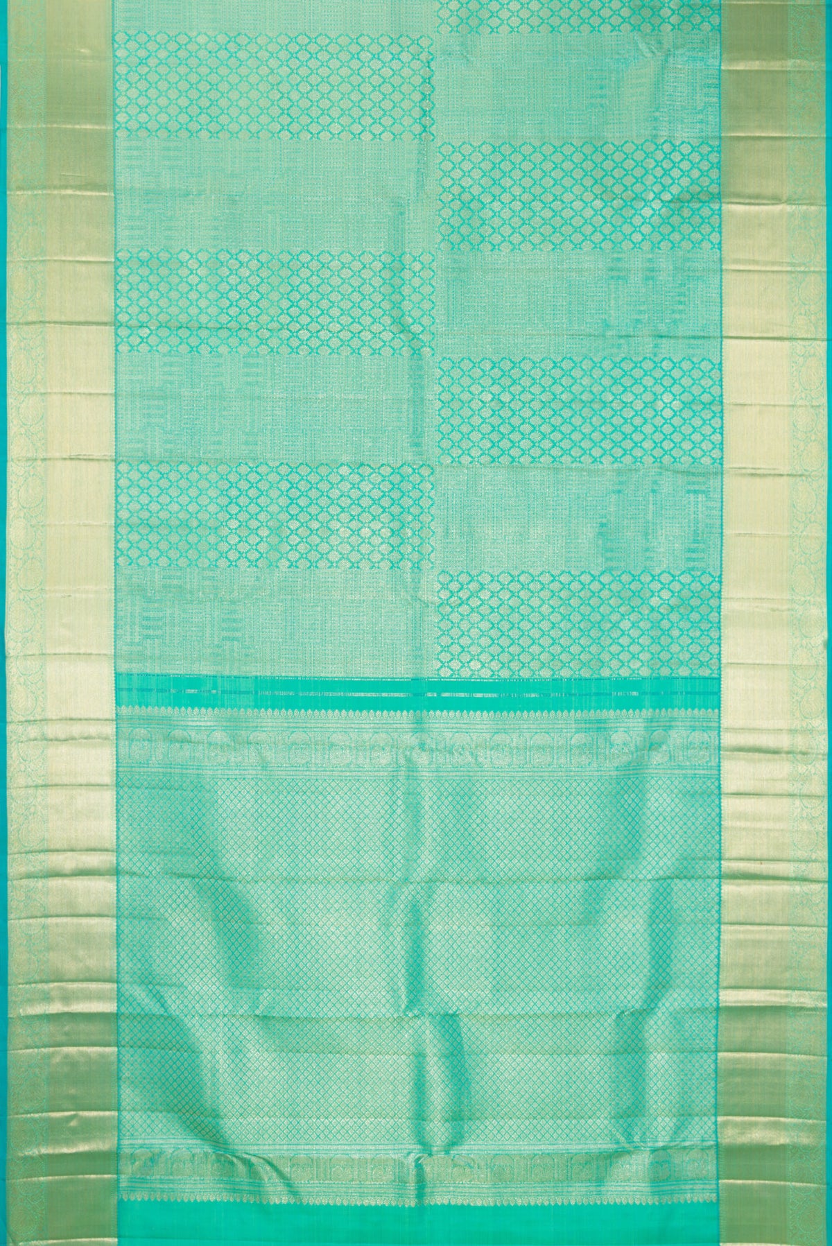 Flat view of Pure Silk Sea Green Kanchipuram Saree with Zari Brocade on the body and Zari Border. 