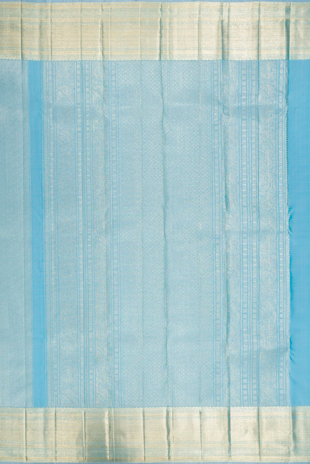 Close up image of the pallu of Pure Silk Sky Blue Kanchipuram Saree with Zari Brocade on the body and Zari Border. 