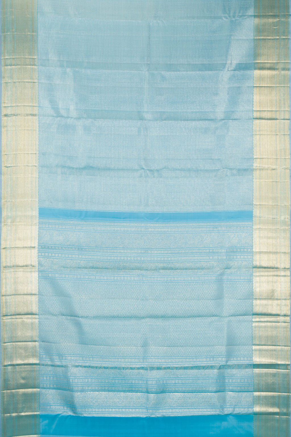 Flat view of Pure Silk Sky Blue Kanchipuram Saree with Zari Brocade on the body and Zari Border. 