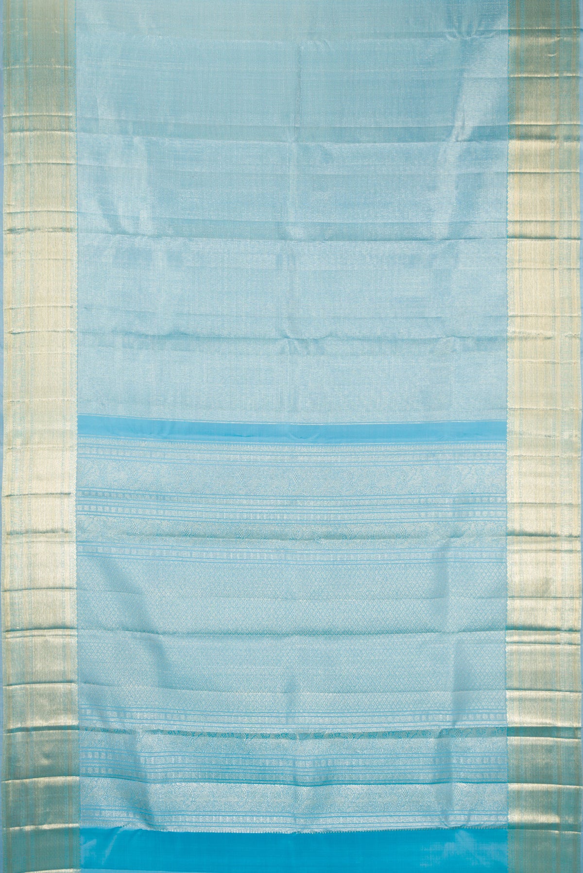 Flat view of Pure Silk Sky Blue Kanchipuram Saree with Zari Brocade on the body and Zari Border. 