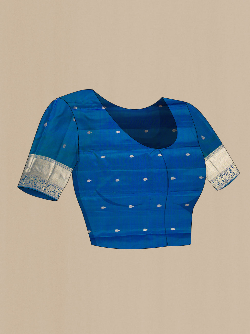 Close up image of the blouse of Pure Silk Peacock Blue Dual Tone Kanchipuram Saree with Zari Brocade on the body and Fancy Border. 