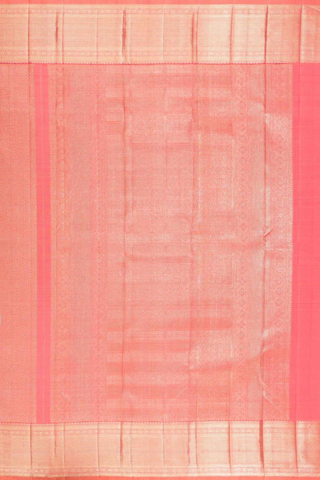 Close up image of the pallu of Pure Silk Golden Peach Dual Tone Kanchipuram Saree with Zari Brocade on the body and Zari Border. 
