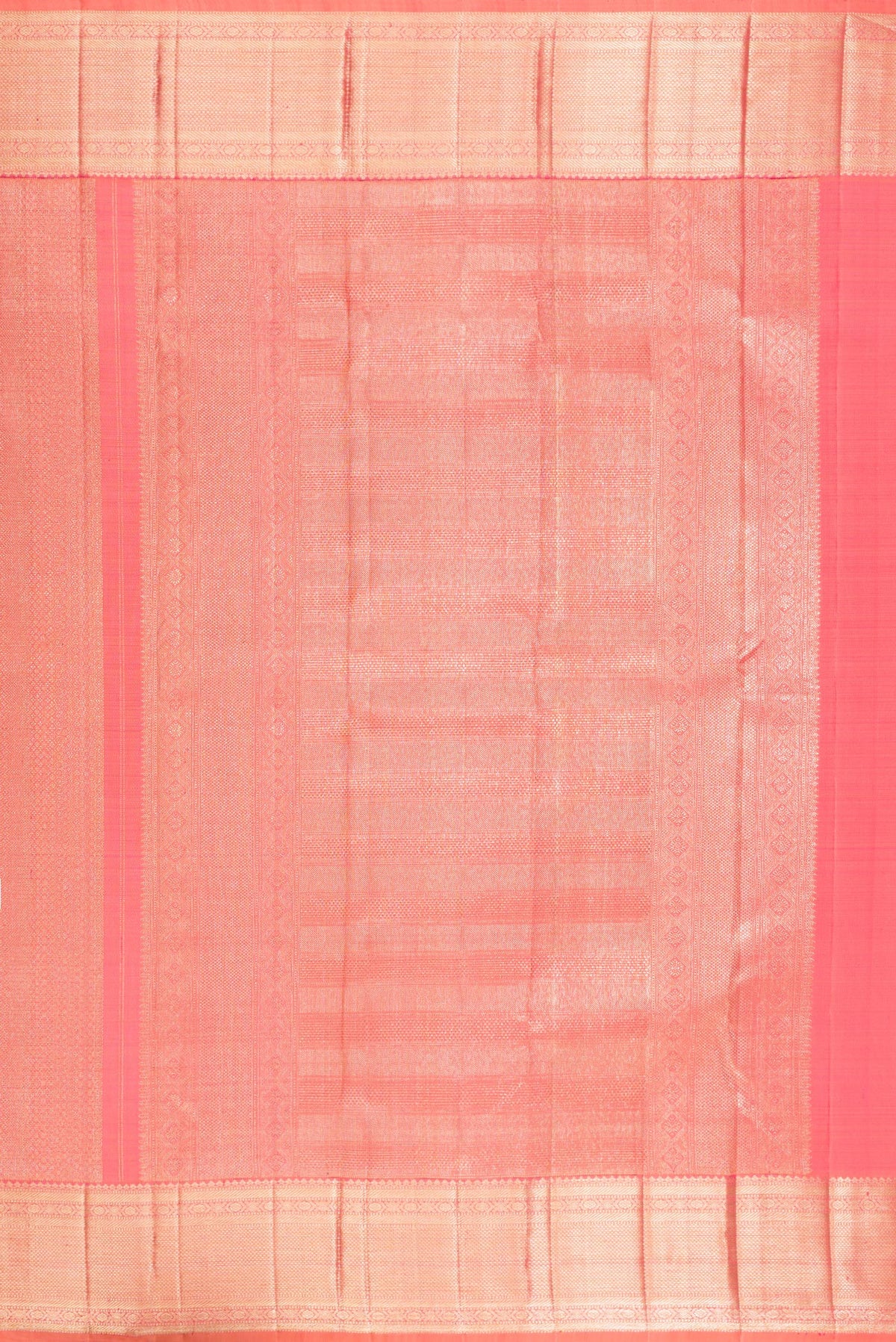 Close up image of the pallu of Pure Silk Golden Peach Dual Tone Kanchipuram Saree with Zari Brocade on the body and Zari Border. 