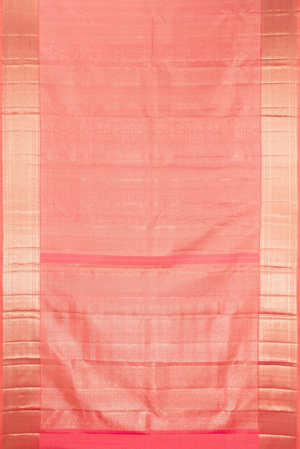 Flat view of Pure Silk Golden Peach Dual Tone Kanchipuram Saree with Zari Brocade on the body and Zari Border. 