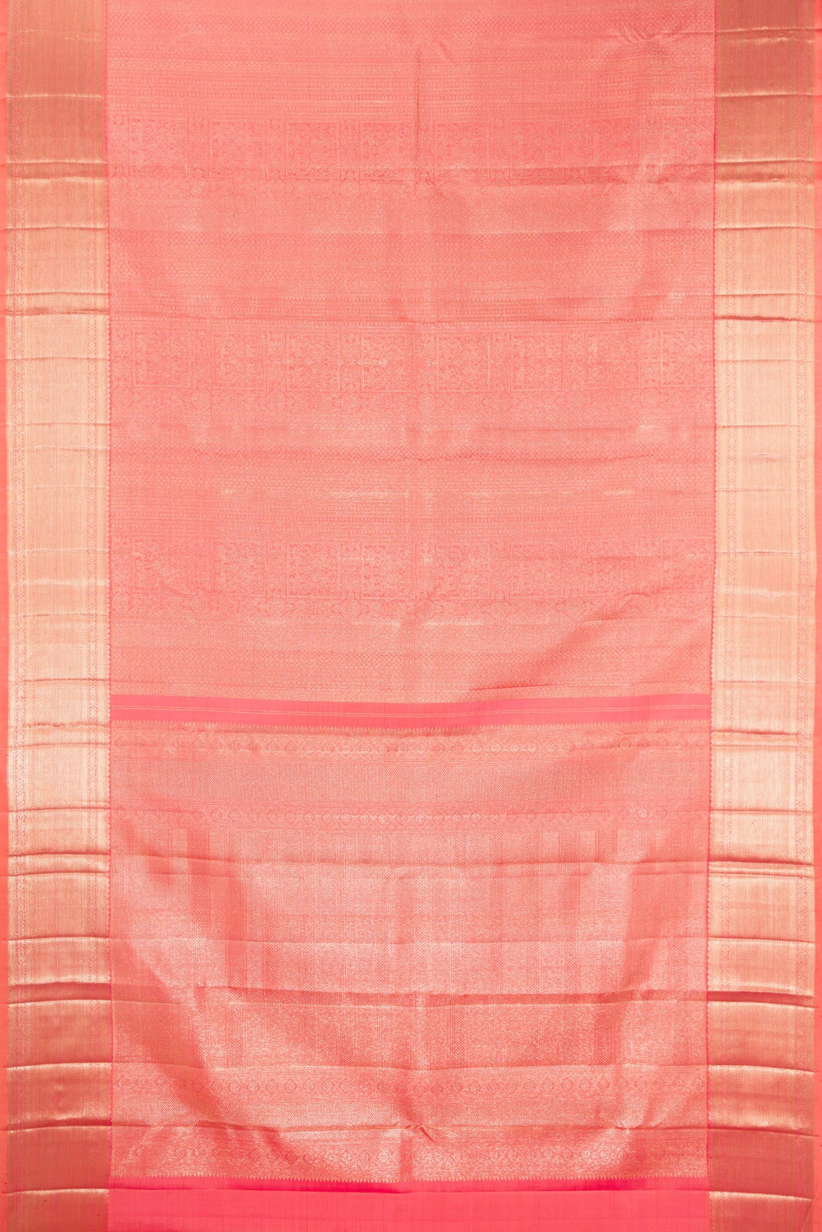 Flat view of Pure Silk Golden Peach Dual Tone Kanchipuram Saree with Zari Brocade on the body and Zari Border. 