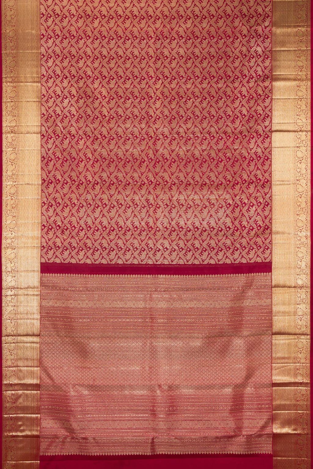Flat view of Pure Silk Maroon Dual Tone Kanchipuram Saree with Zari Brocade on the body and Zari Border. 