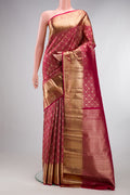 Pure Silk Deep Red Dual Tone Kanchipuram Saree with Zari Brocade on the body and Zari Border.  displayed on a mannequin
