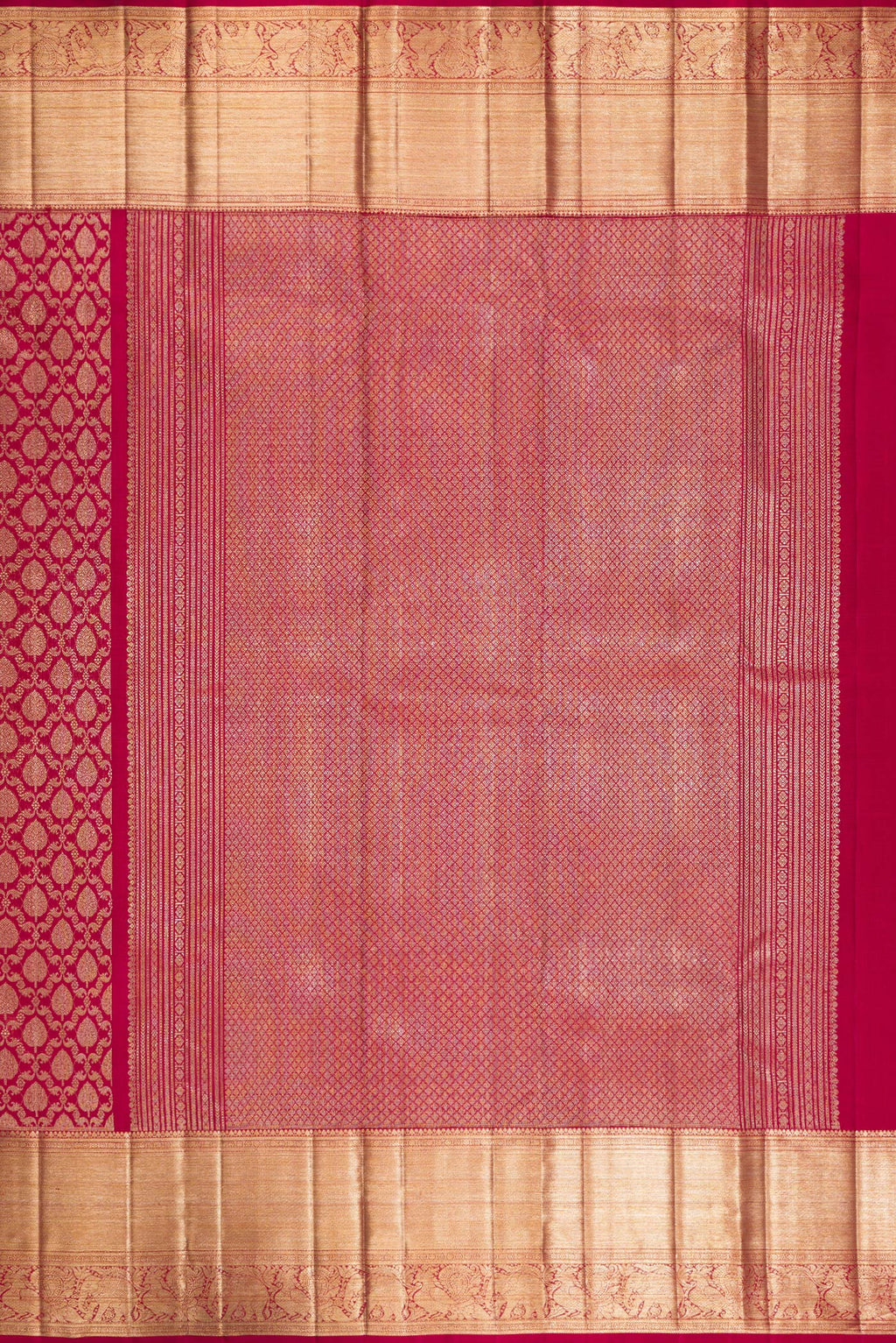Close up image of the pallu of Pure Silk Deep Red Dual Tone Kanchipuram Saree with Zari Brocade on the body and Zari Border. 