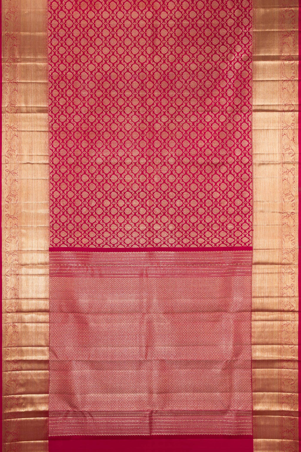 Flat view of Pure Silk Deep Red Dual Tone Kanchipuram Saree with Zari Brocade on the body and Zari Border. 