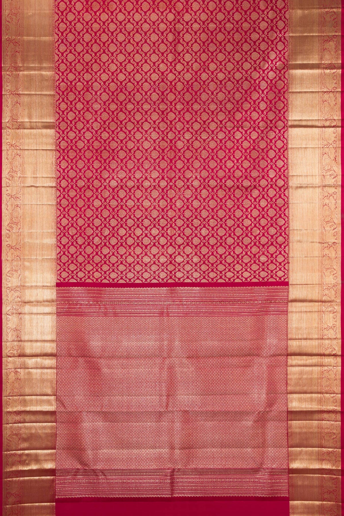 Flat view of Pure Silk Deep Red Dual Tone Kanchipuram Saree with Zari Brocade on the body and Zari Border. 