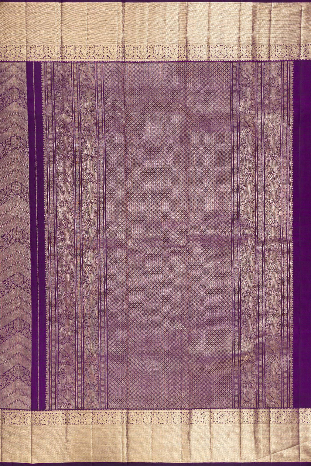 Close up image of the pallu of Pure Silk Purple Kanchipuram Saree with Zari Brocade on the body and Zari Border. 