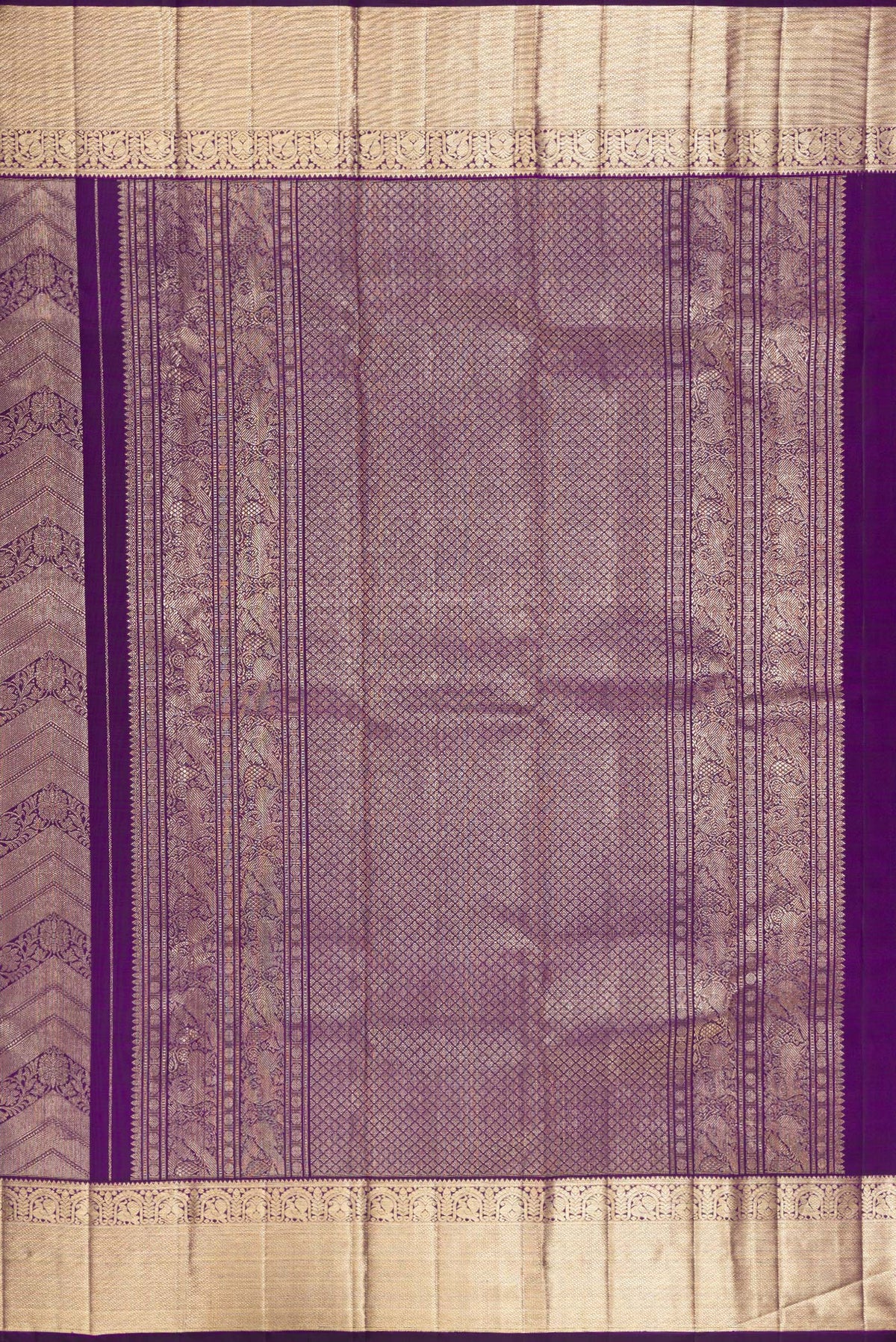 Close up image of the pallu of Pure Silk Purple Kanchipuram Saree with Zari Brocade on the body and Zari Border. 