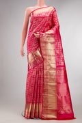 Pure Silk Dark Pink Kanchipuram Saree with Zari Brocade on the body and Zari Border.  displayed on a mannequin