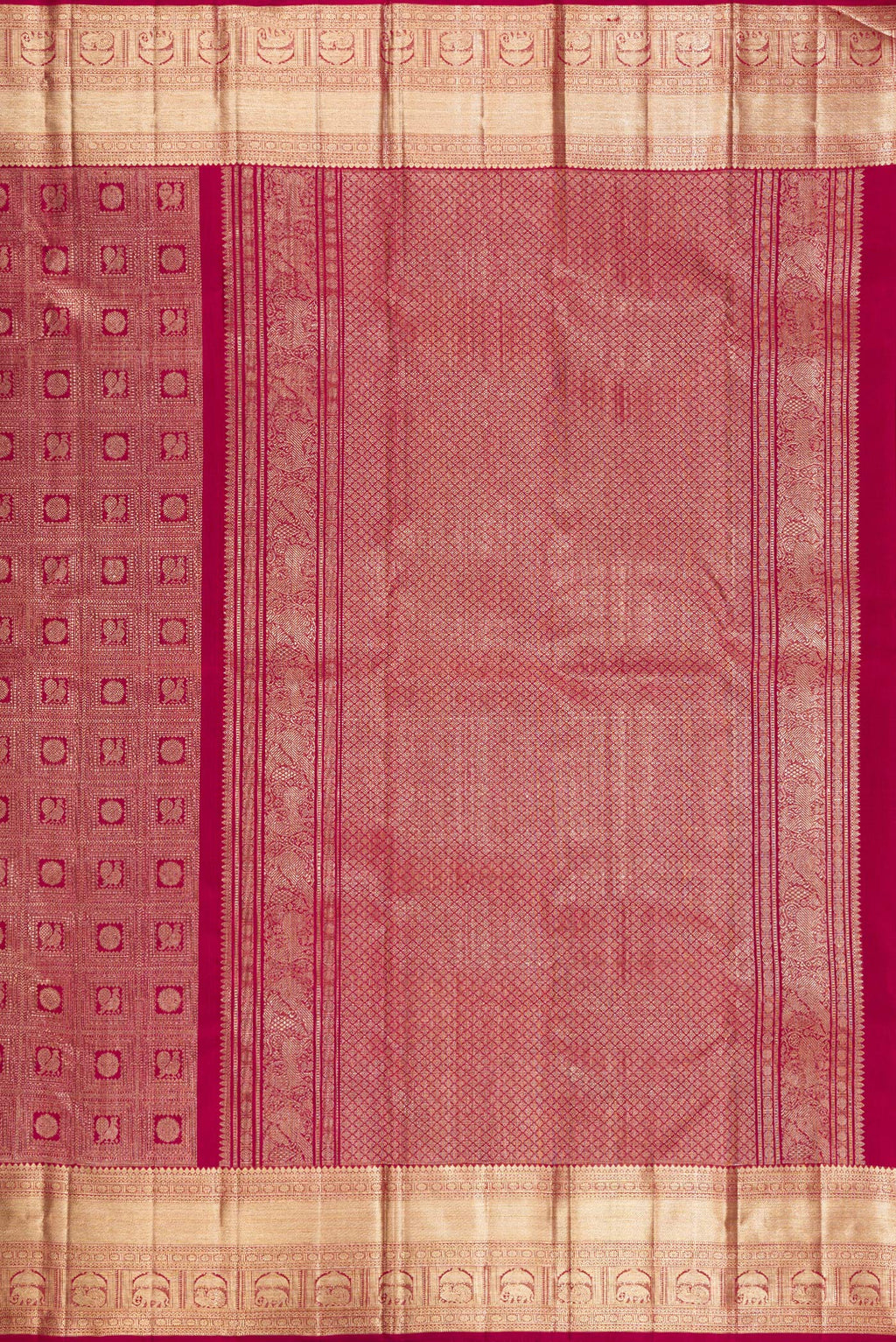 Close up image of the pallu of Pure Silk Maroon Kanchipuram Saree with Zari Brocade on the body and Zari Border. 