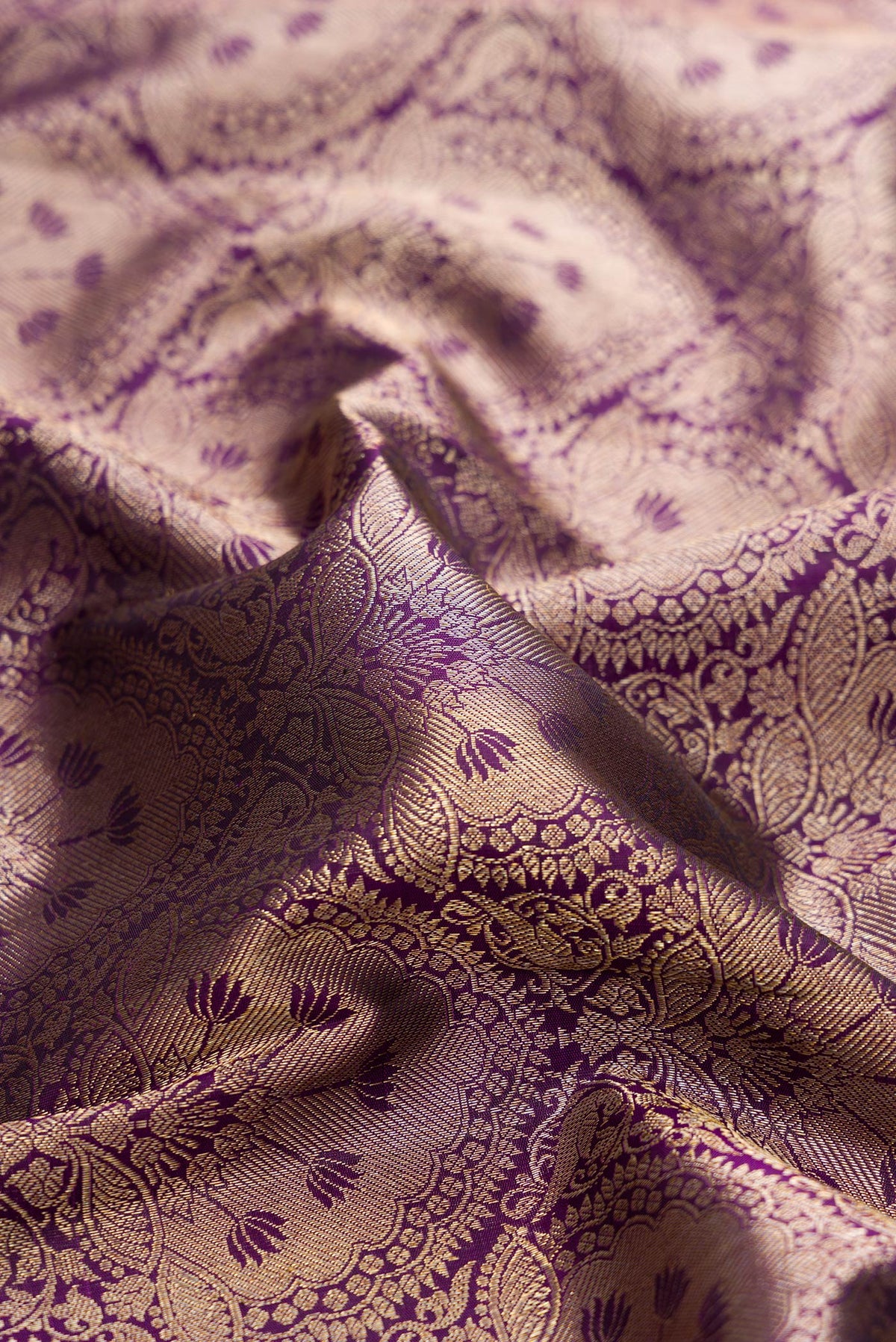 Close up of Pure Silk Purple Kanchipuram Saree with Zari Brocade on the body and Zari Border.  displaying folds