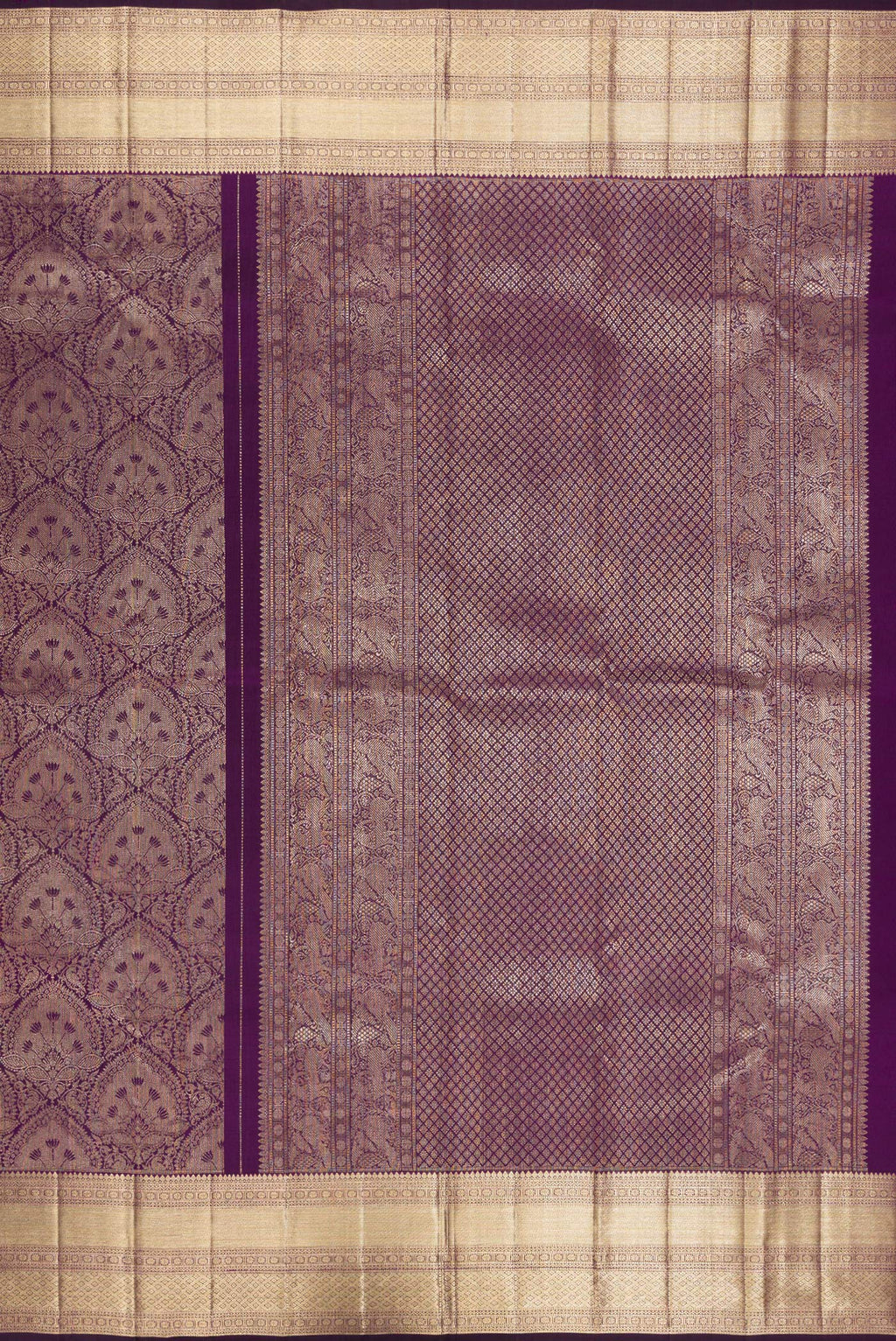 Close up image of the pallu of Pure Silk Purple Kanchipuram Saree with Zari Brocade on the body and Zari Border. 