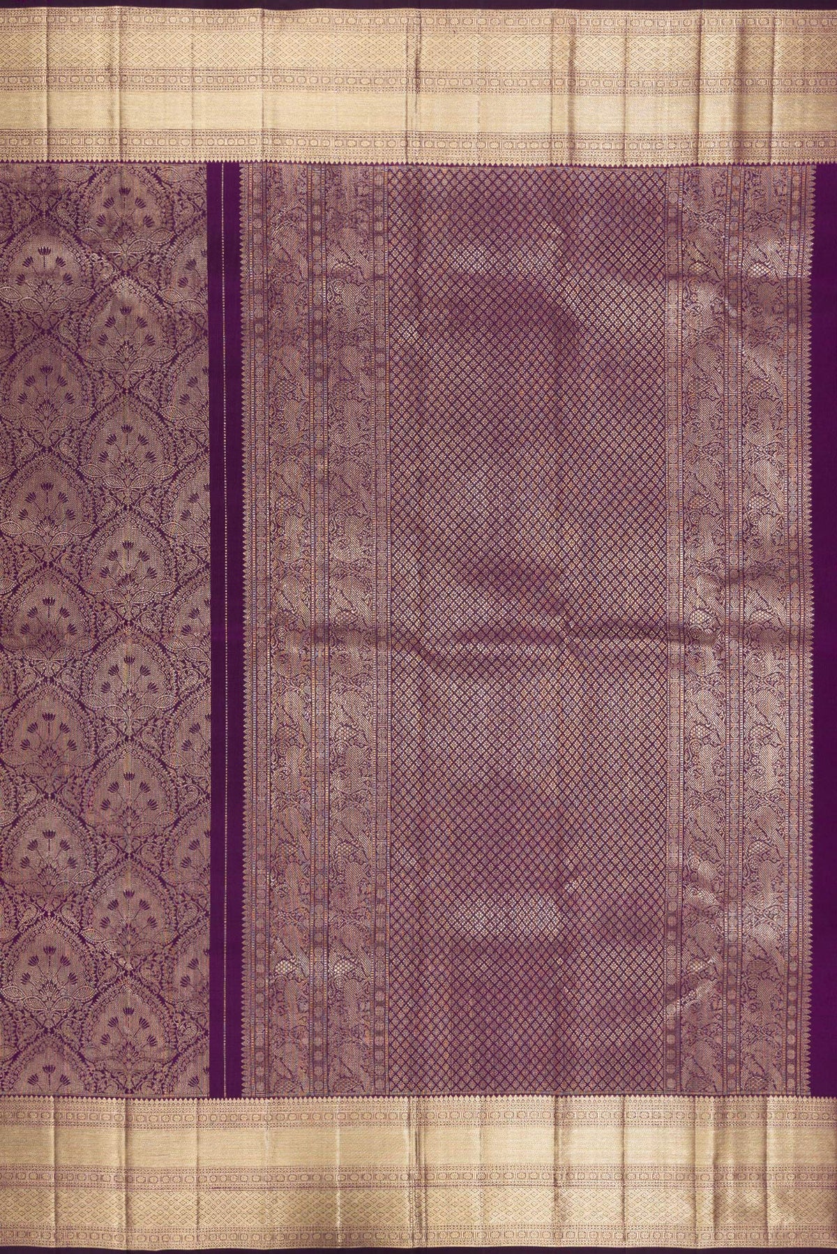 Close up image of the pallu of Pure Silk Purple Kanchipuram Saree with Zari Brocade on the body and Zari Border. 