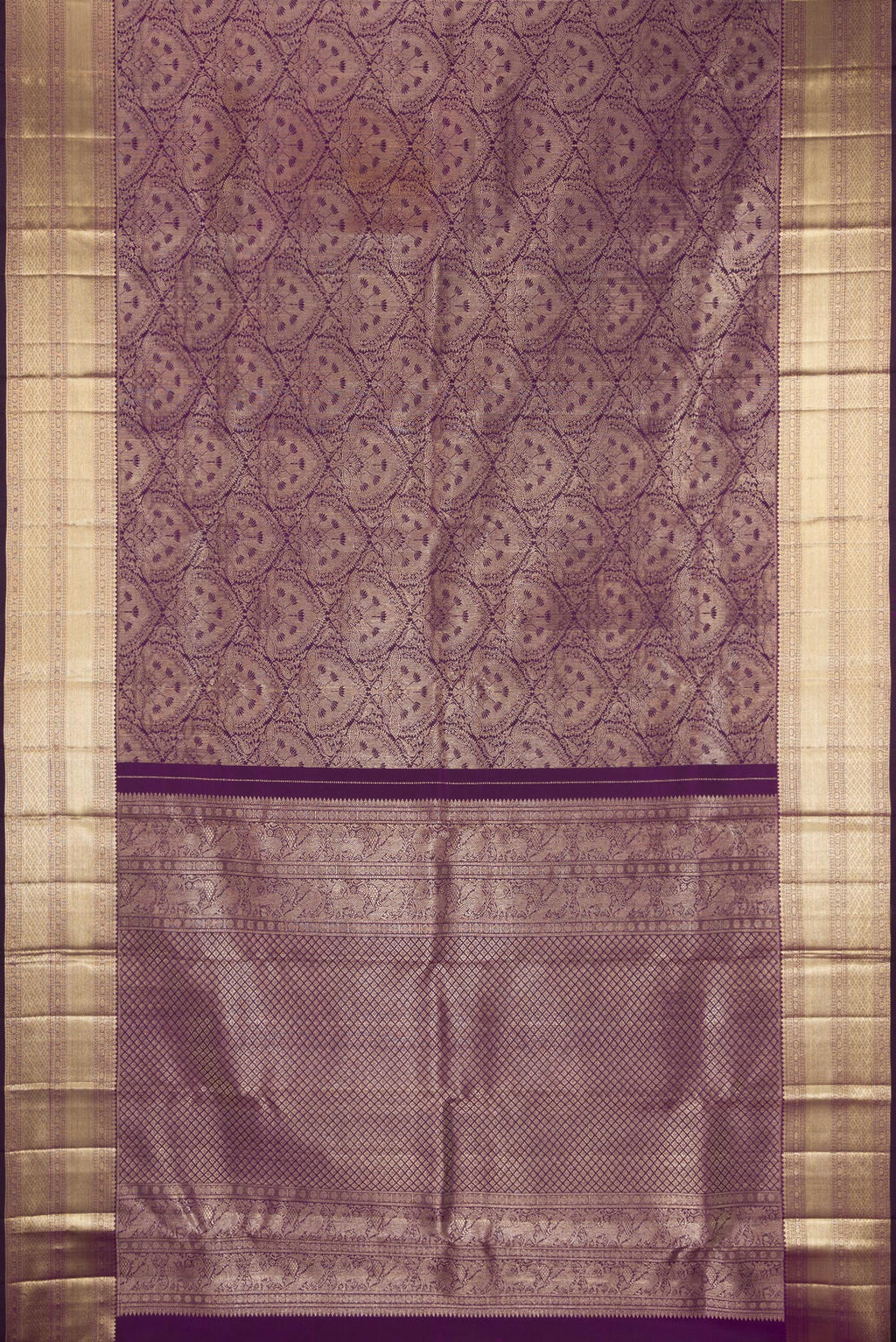 Flat view of Pure Silk Purple Kanchipuram Saree with Zari Brocade on the body and Zari Border. 