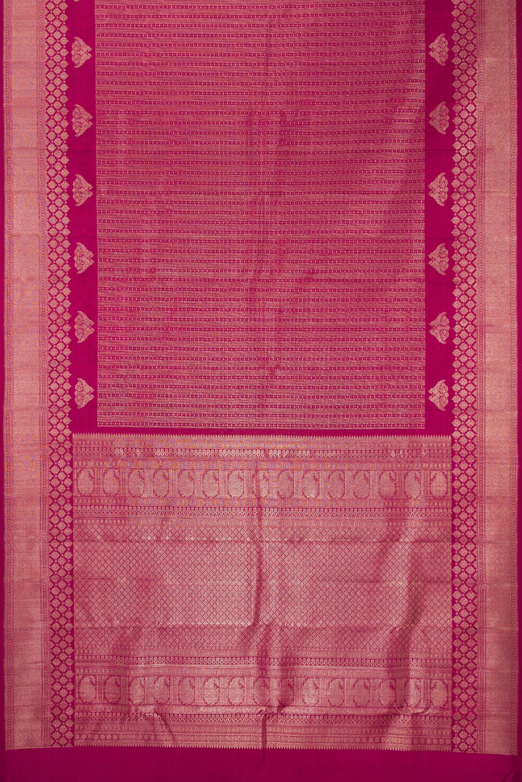 Flat view of Pure Silk Dark Pink Kanchipuram Saree with Zari Brocade on the body and Zari Border. 