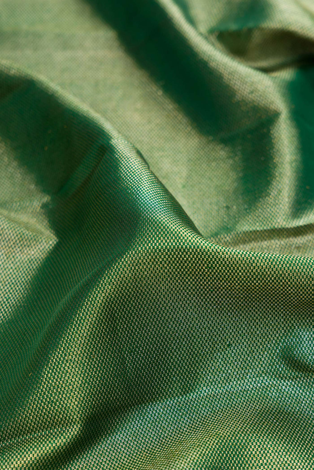 Close up of Pure Silk Bottle Green Dual Tone Kanchipuram Saree with Zari Brocade on the body and Fancy Border.  displaying folds
