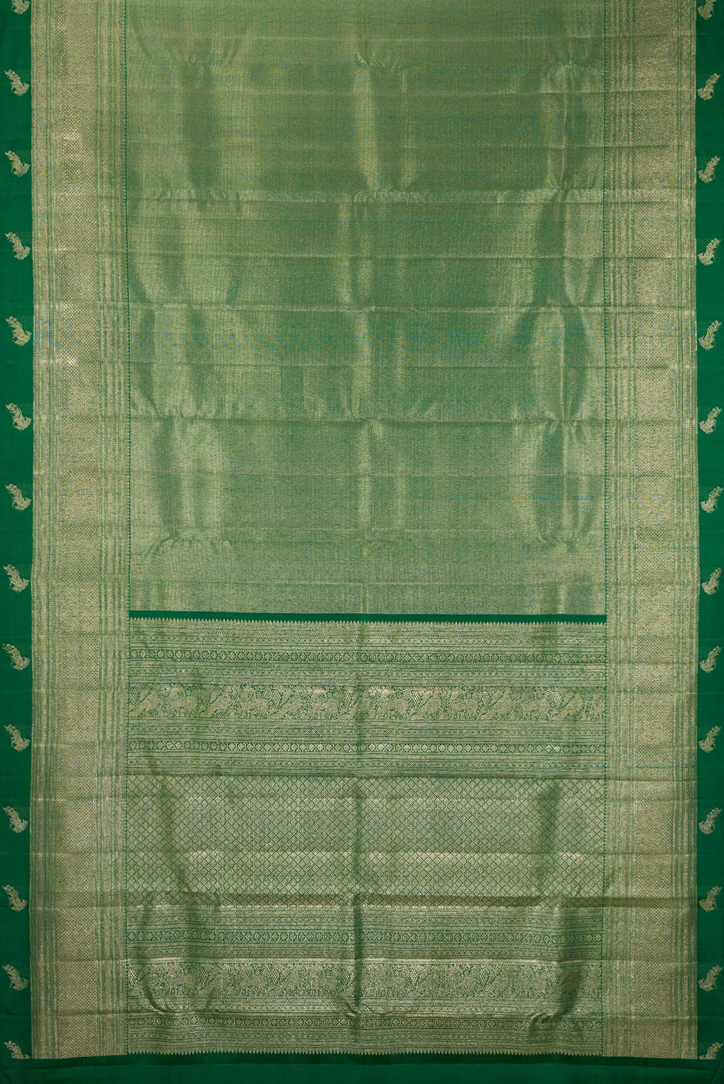 Flat view of Pure Silk Bottle Green Dual Tone Kanchipuram Saree with Zari Brocade on the body and Fancy Border. 