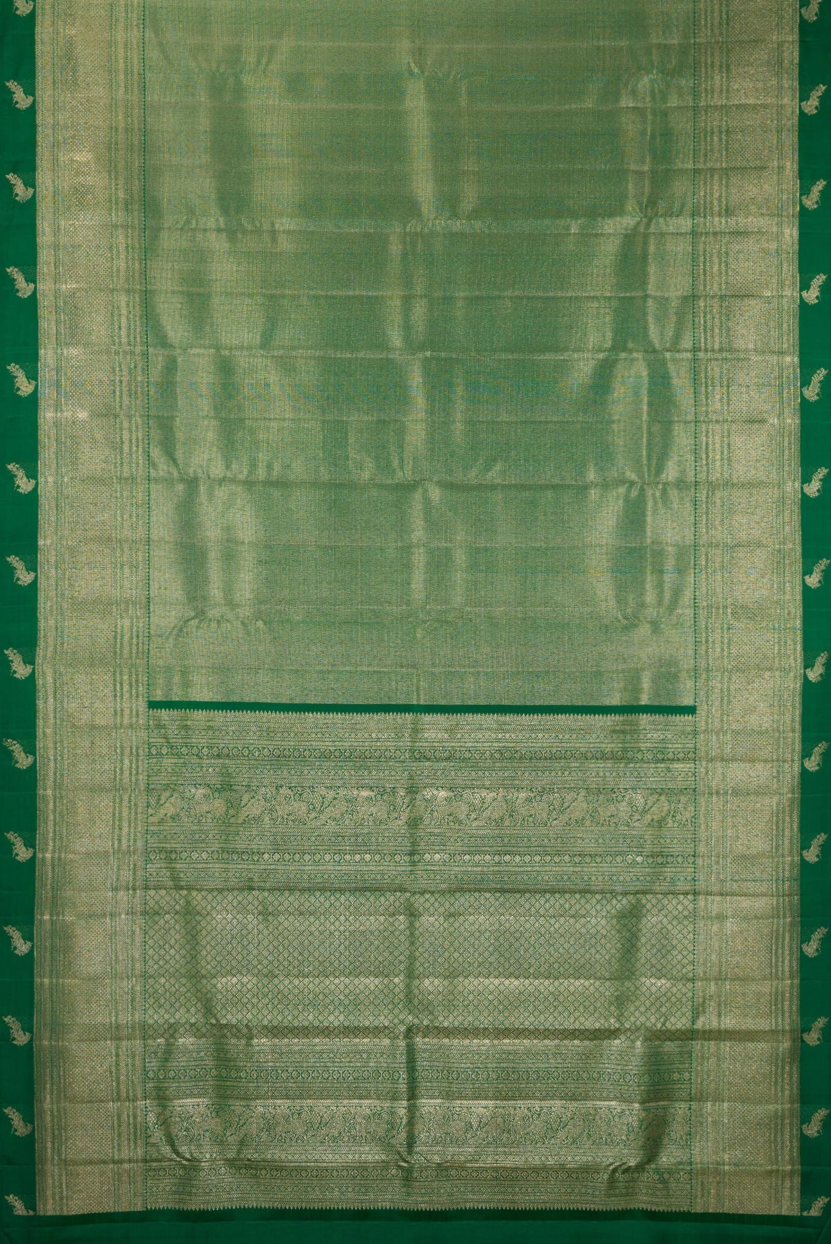 Flat view of Pure Silk Bottle Green Dual Tone Kanchipuram Saree with Zari Brocade on the body and Fancy Border. 