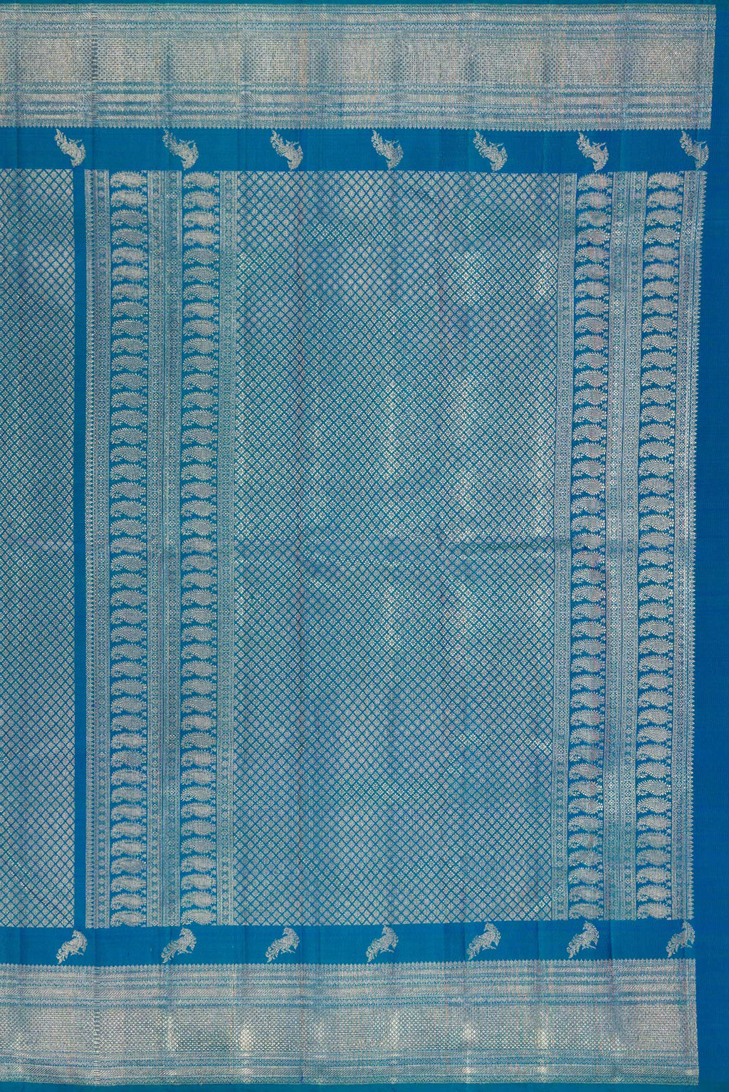 Close up image of the pallu of Pure Silk Peacock Blue Kanchipuram Saree with Zari Brocade on the body and Fancy Border. 