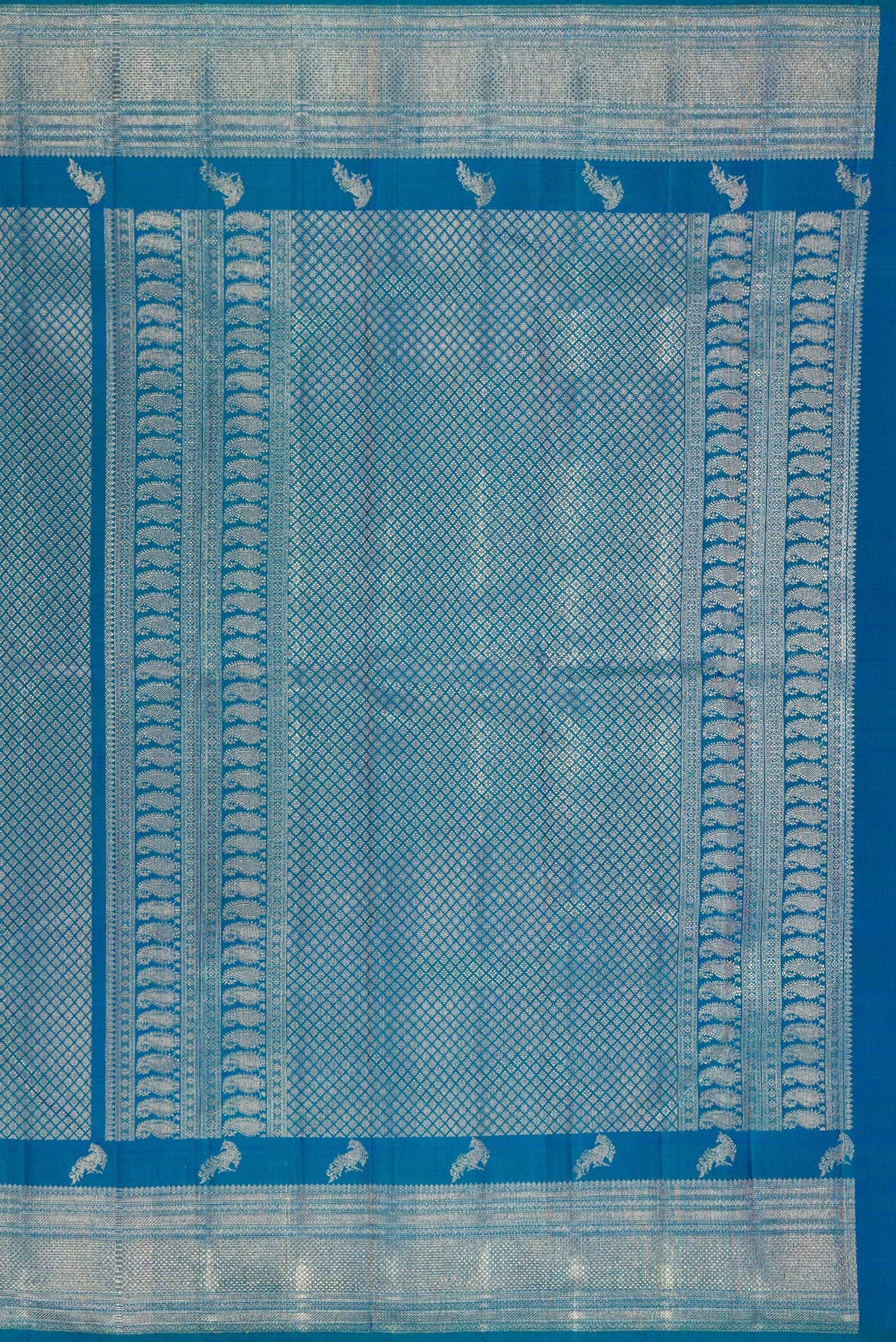 Close up image of the pallu of Pure Silk Peacock Blue Kanchipuram Saree with Zari Brocade on the body and Fancy Border. 