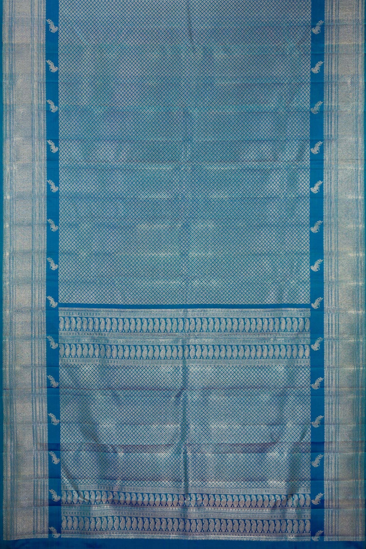 Flat view of Pure Silk Peacock Blue Kanchipuram Saree with Zari Brocade on the body and Fancy Border. 