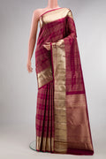 Pure Silk Maroon Dual Tone Kanchipuram Saree with Checked design on the body and Zari Border.  displayed on a mannequin