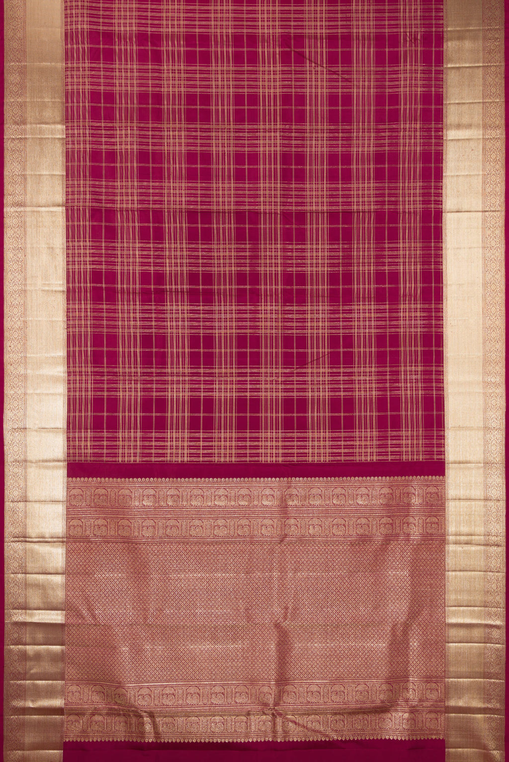 Flat view of Pure Silk Maroon Dual Tone Kanchipuram Saree with Checked design on the body and Zari Border. 