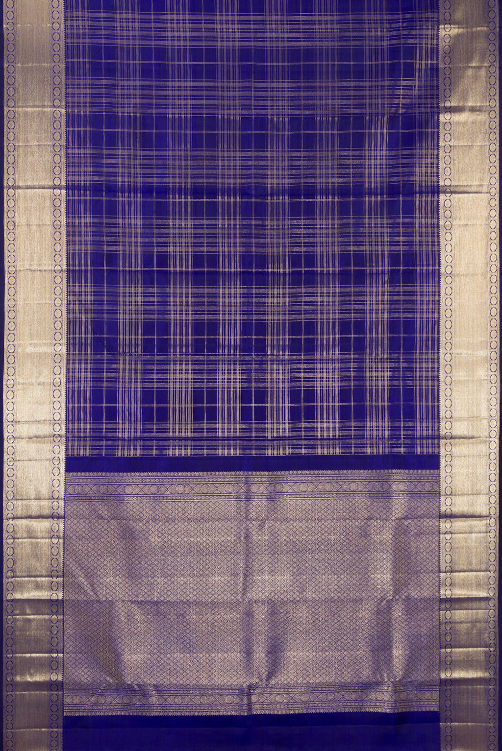 Flat view of Pure Silk Royal Blue Kanchipuram Saree with Checked design on the body and Zari Border. 
